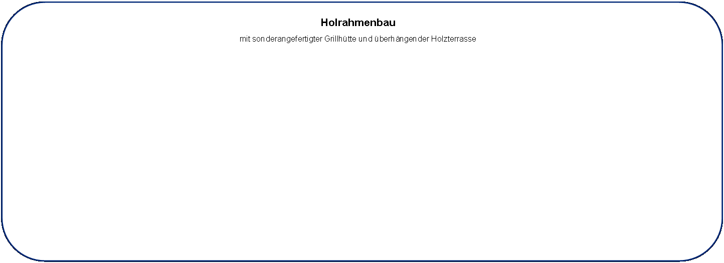 Rechteck: abgerundete Ecken: Holrahmenbau mit sonderangefertigter Grillhtte und berhngender Holzterrasse 